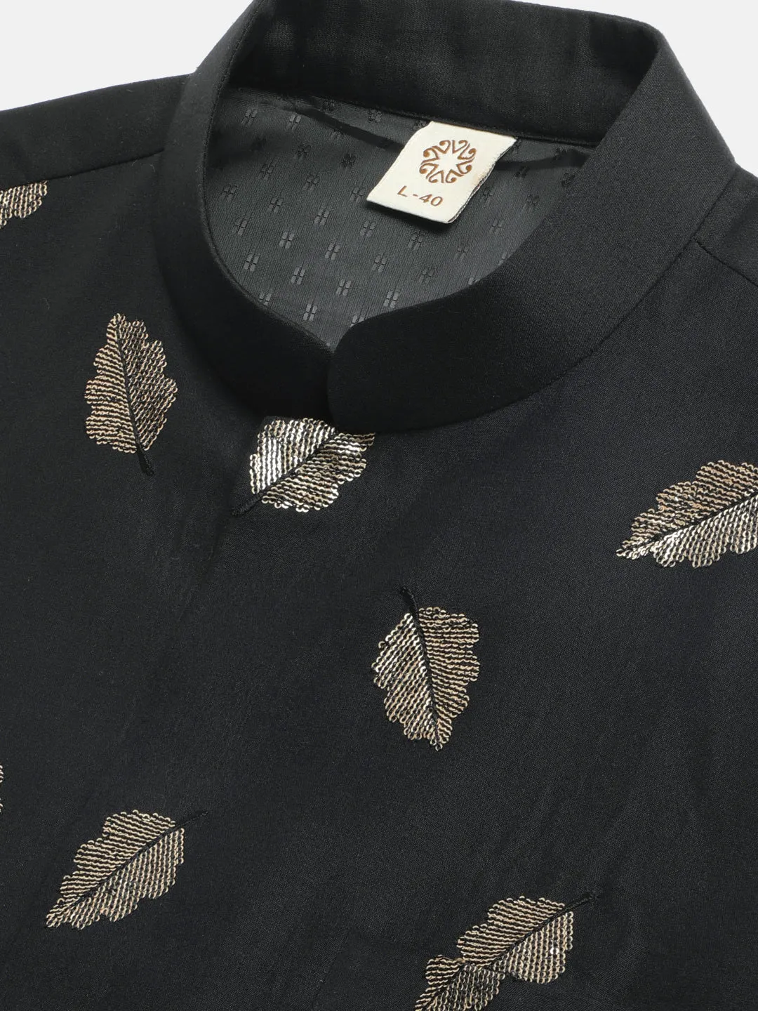 VASTRAMAY Black Leaf Motif Jacket Kurta