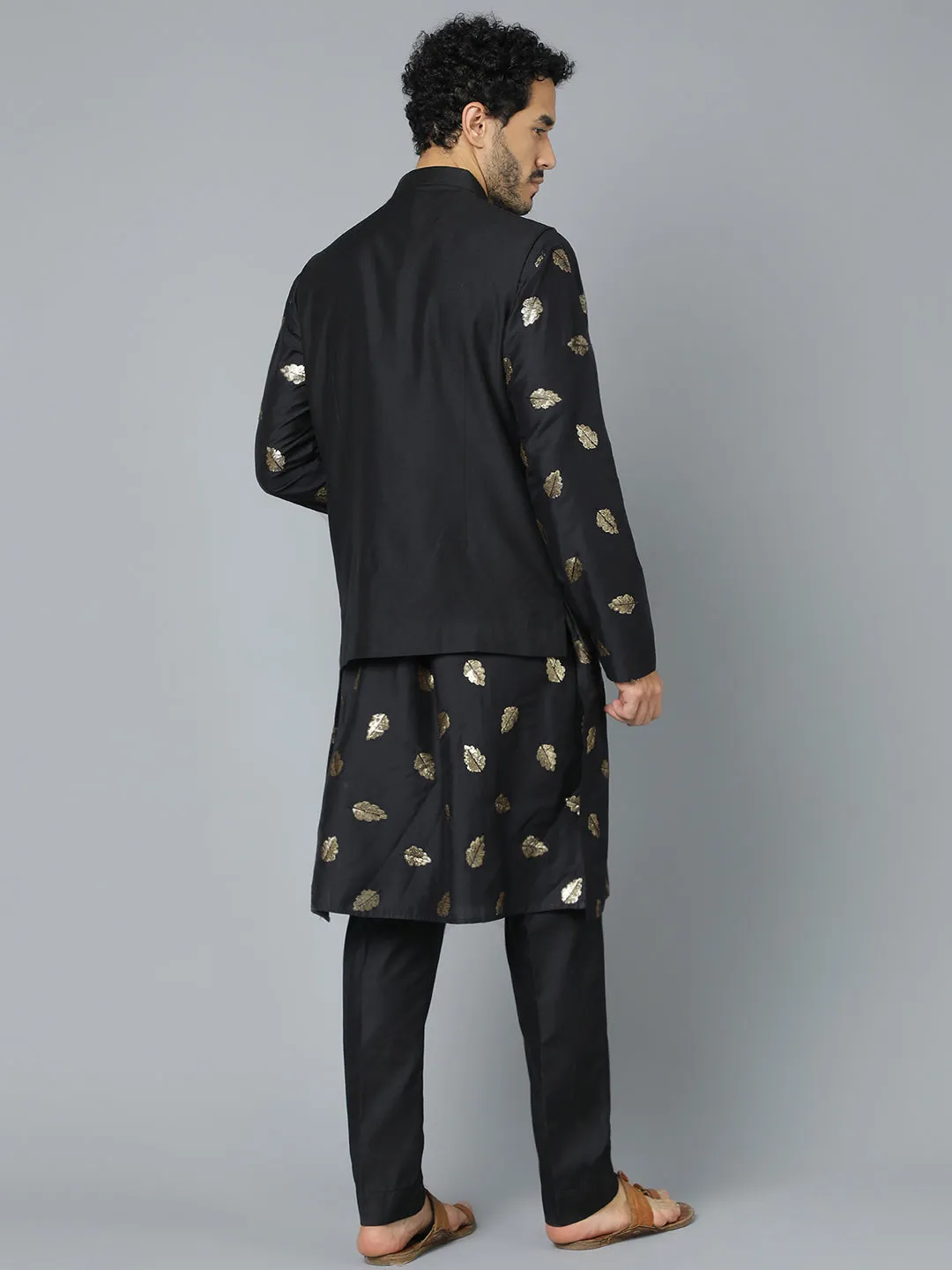 VASTRAMAY Black Leaf Motif Jacket Kurta