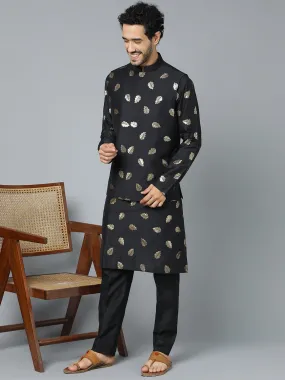 VASTRAMAY Black Leaf Motif Jacket Kurta