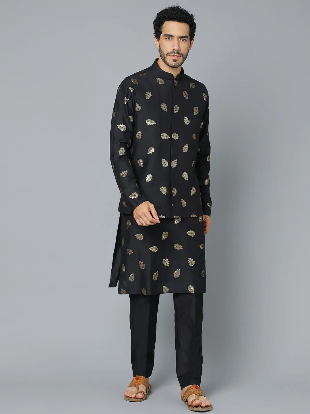 VASTRAMAY Black Leaf Motif Jacket Kurta