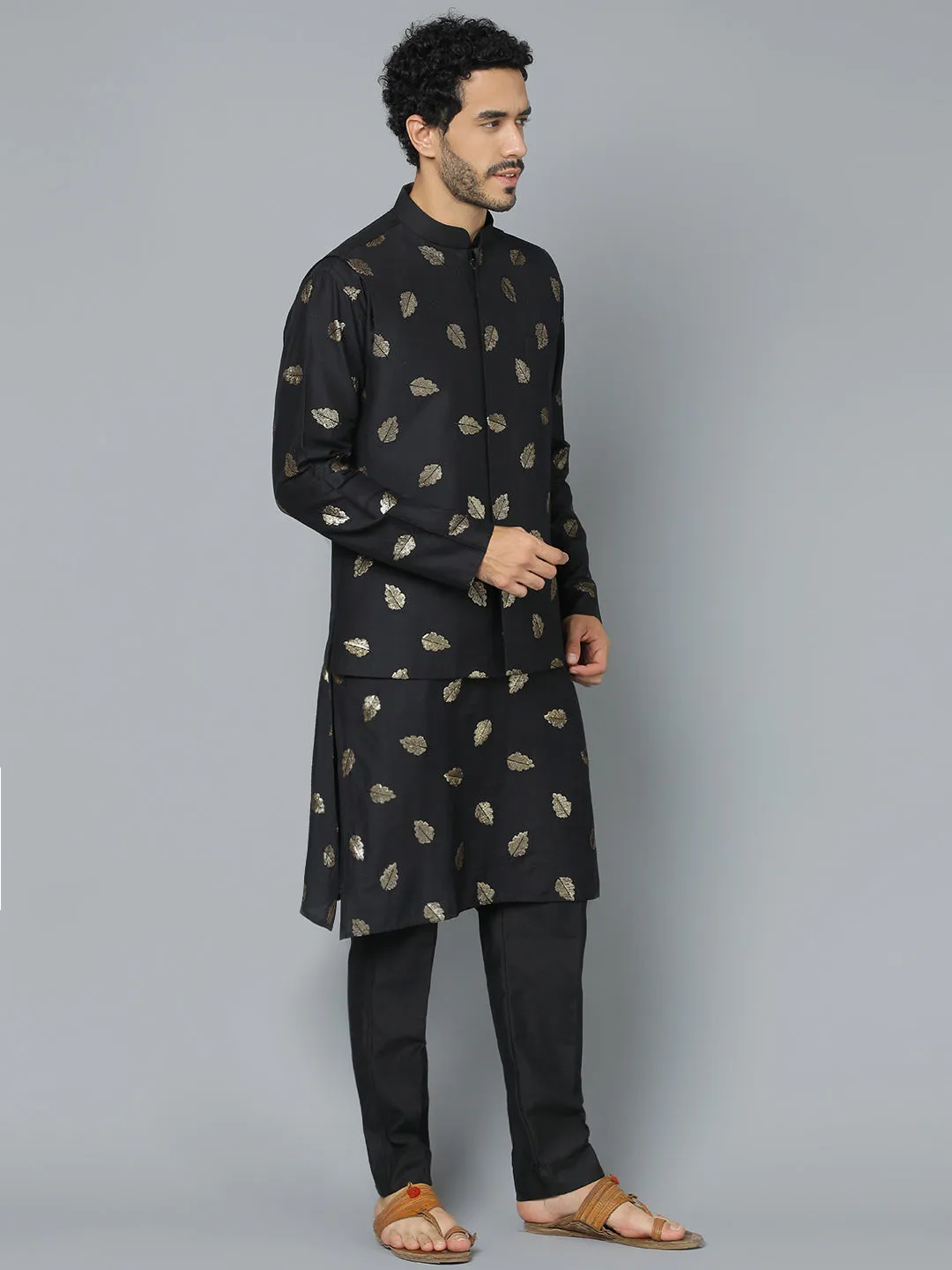 VASTRAMAY Black Leaf Motif Jacket Kurta