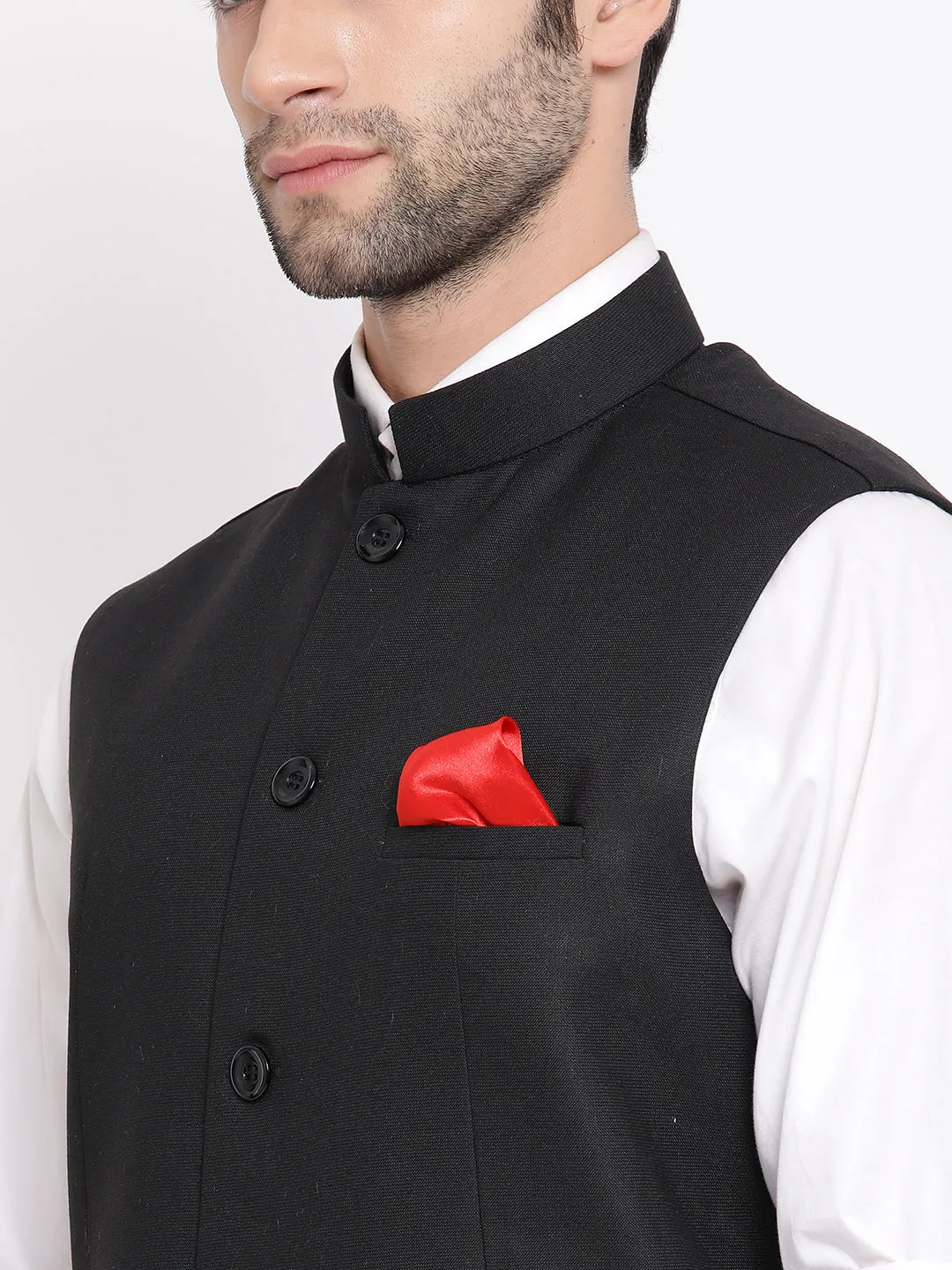 VASTRAMAY Black Nehru Jacket Silk Blend