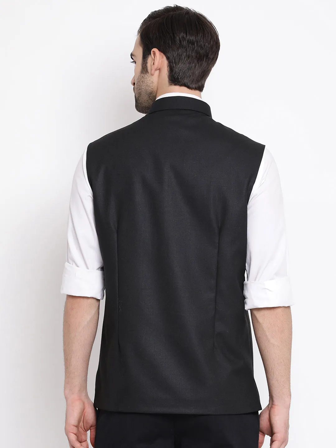 VASTRAMAY Black Nehru Jacket Silk Blend