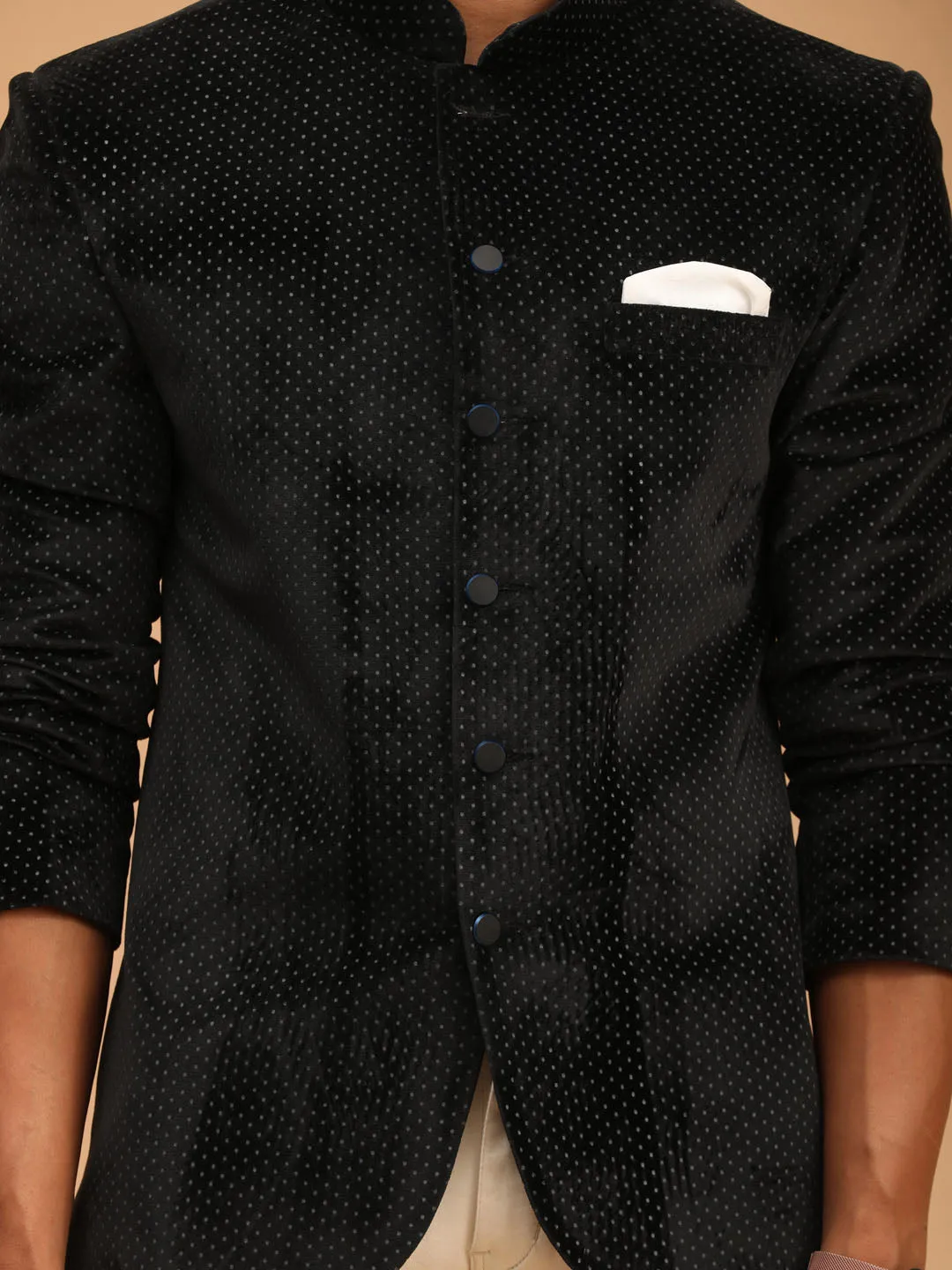 Vastramay Black Polka Dot Velvet Jodhpuri