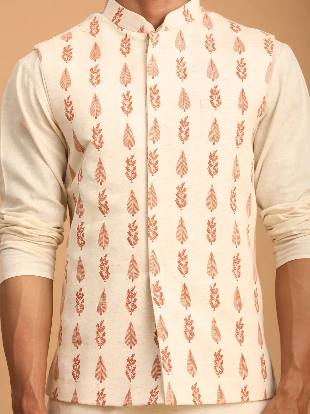 VASTRAMAY Cream Leaf Nehru Jacket Set