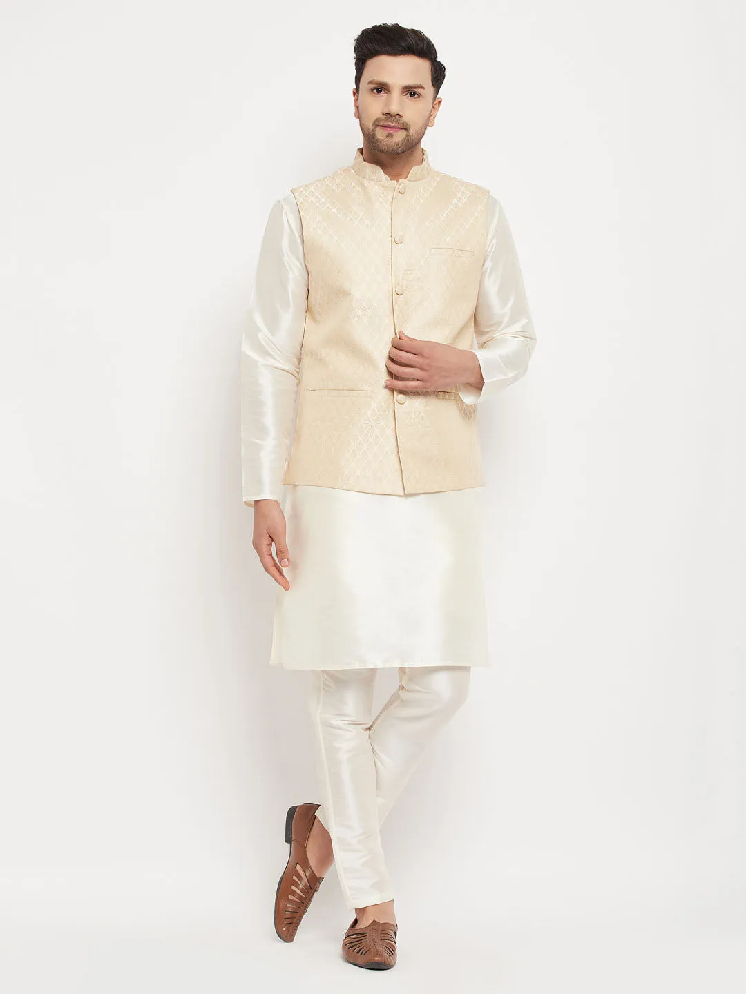 VASTRAMAY Cream Silk Jacket and Kurta Set