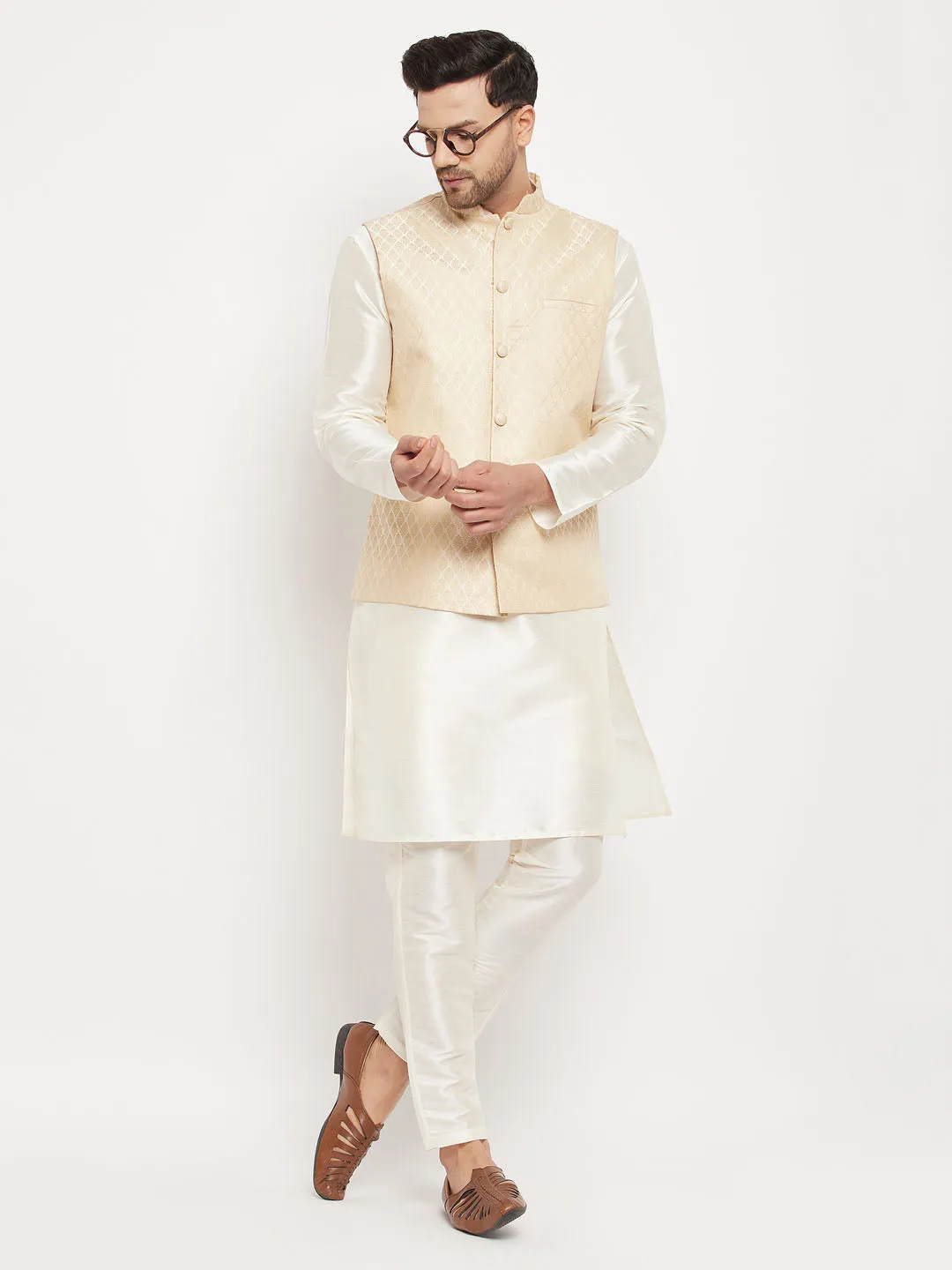 VASTRAMAY Cream Silk Jacket and Kurta Set