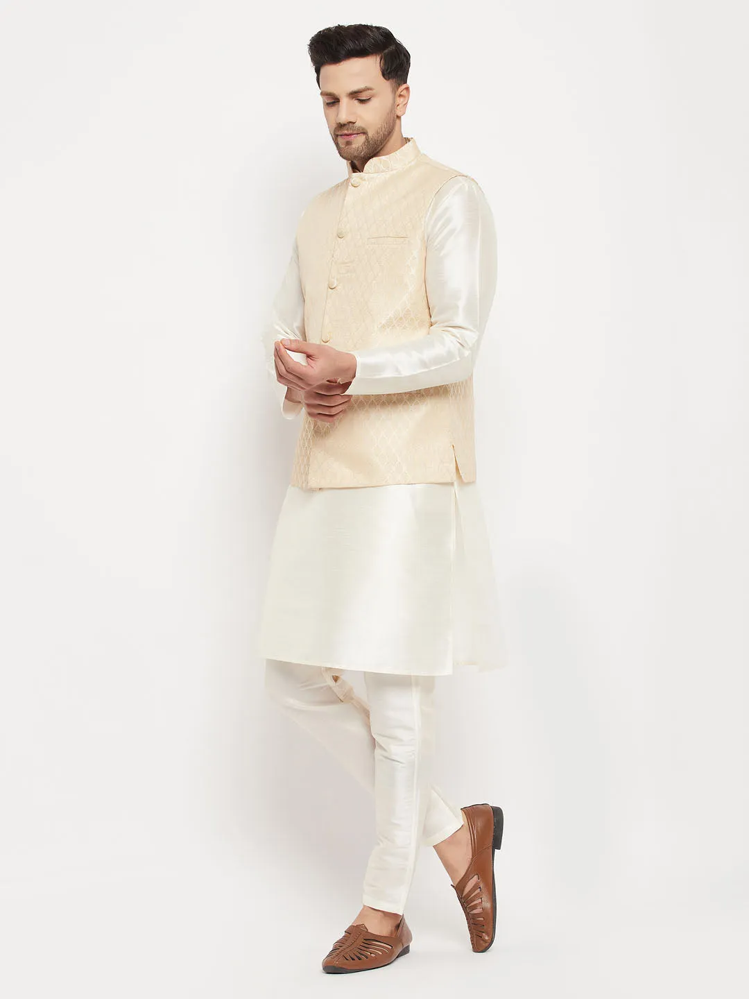 VASTRAMAY Cream Silk Jacket and Kurta Set