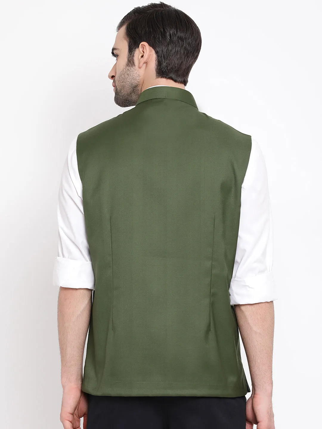 VASTRAMAY Green Cotton Nehru Jacket