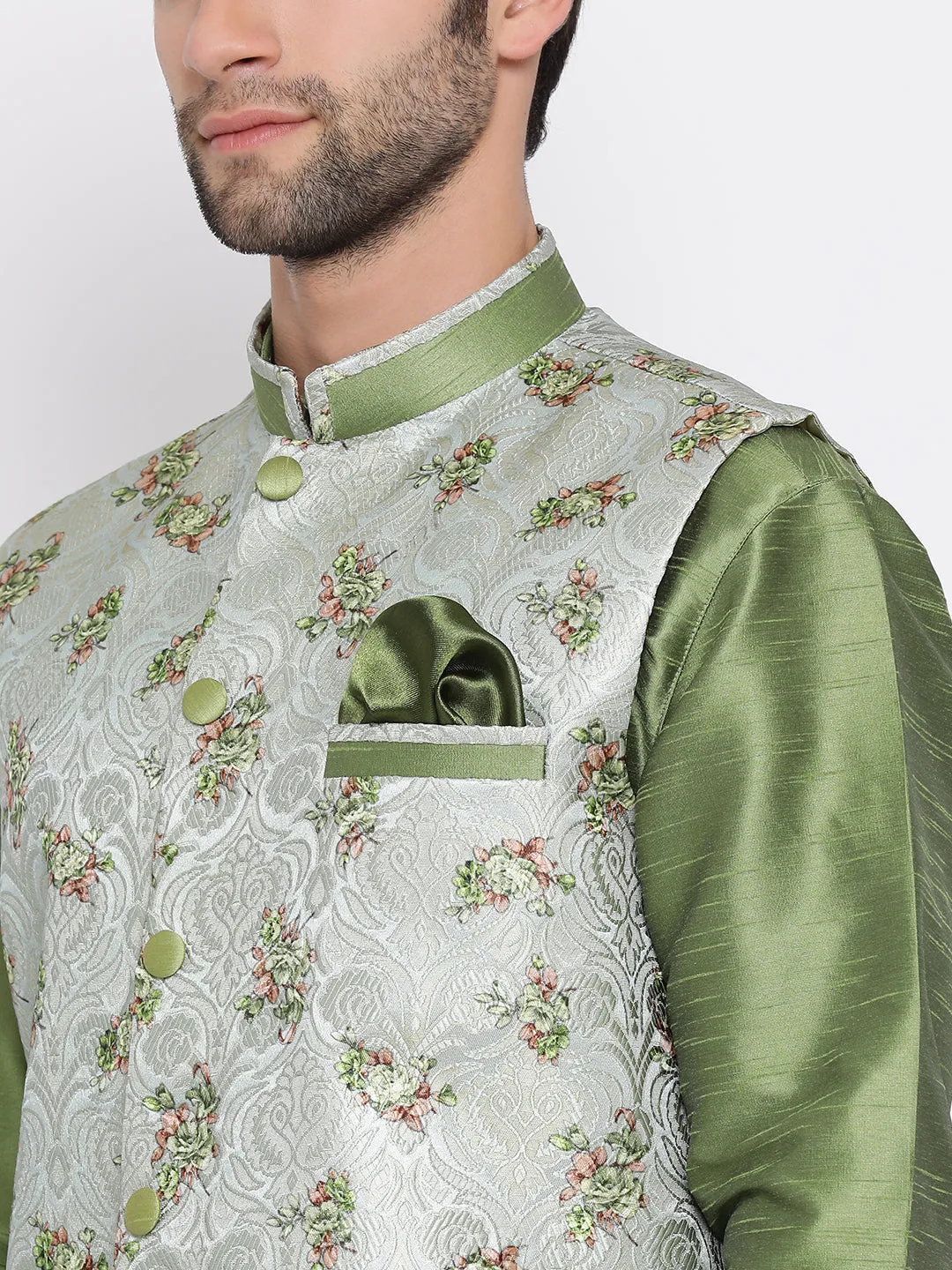 VASTRAMAY Green Floral Jacquard Men's Jacket