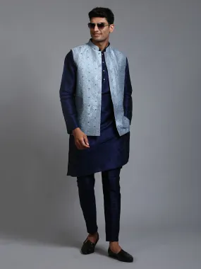 VASTRAMAY Grey Embellished Jacket with Blue Kurta