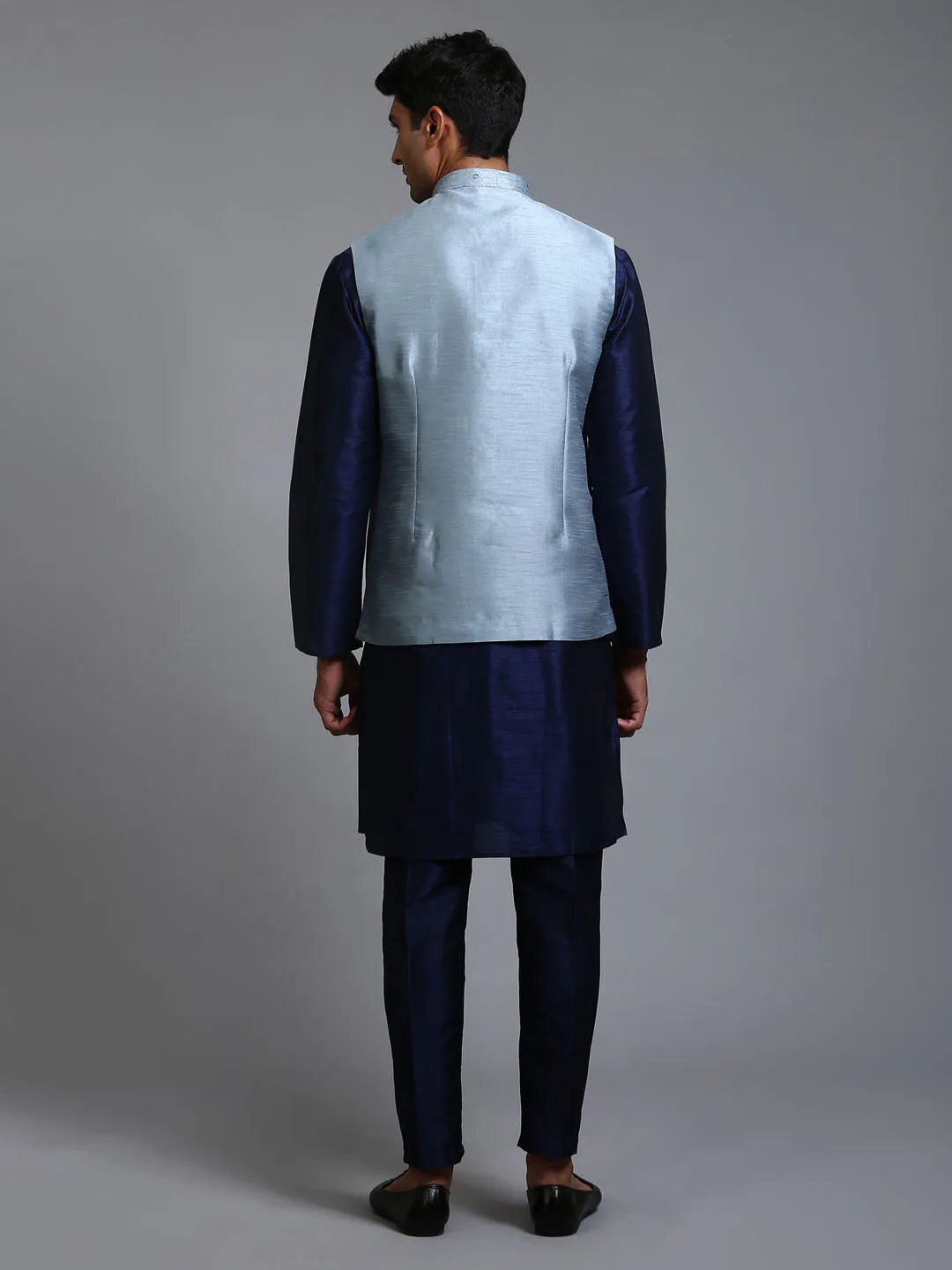 VASTRAMAY Grey Embellished Jacket with Blue Kurta