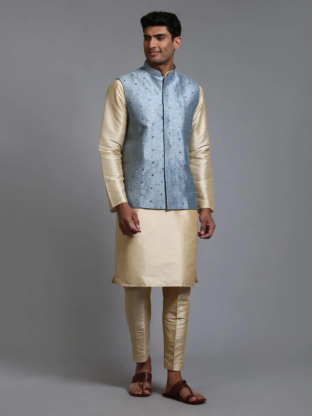 VASTRAMAY Grey Embellished Jacket with Gold Kurta