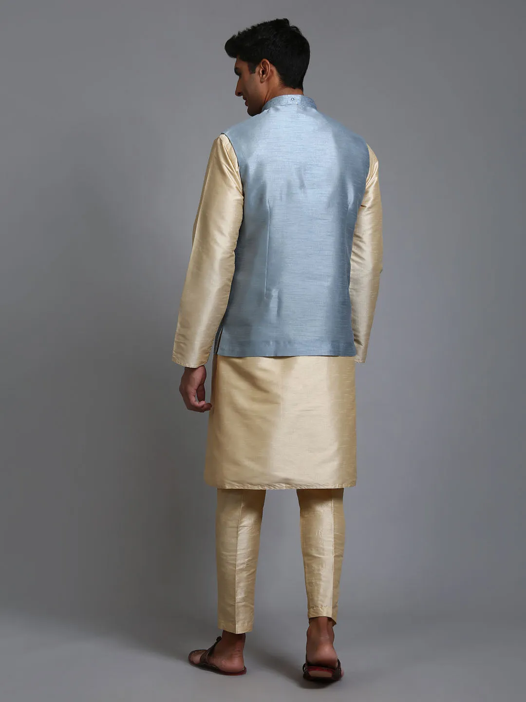 VASTRAMAY Grey Embellished Jacket with Gold Kurta