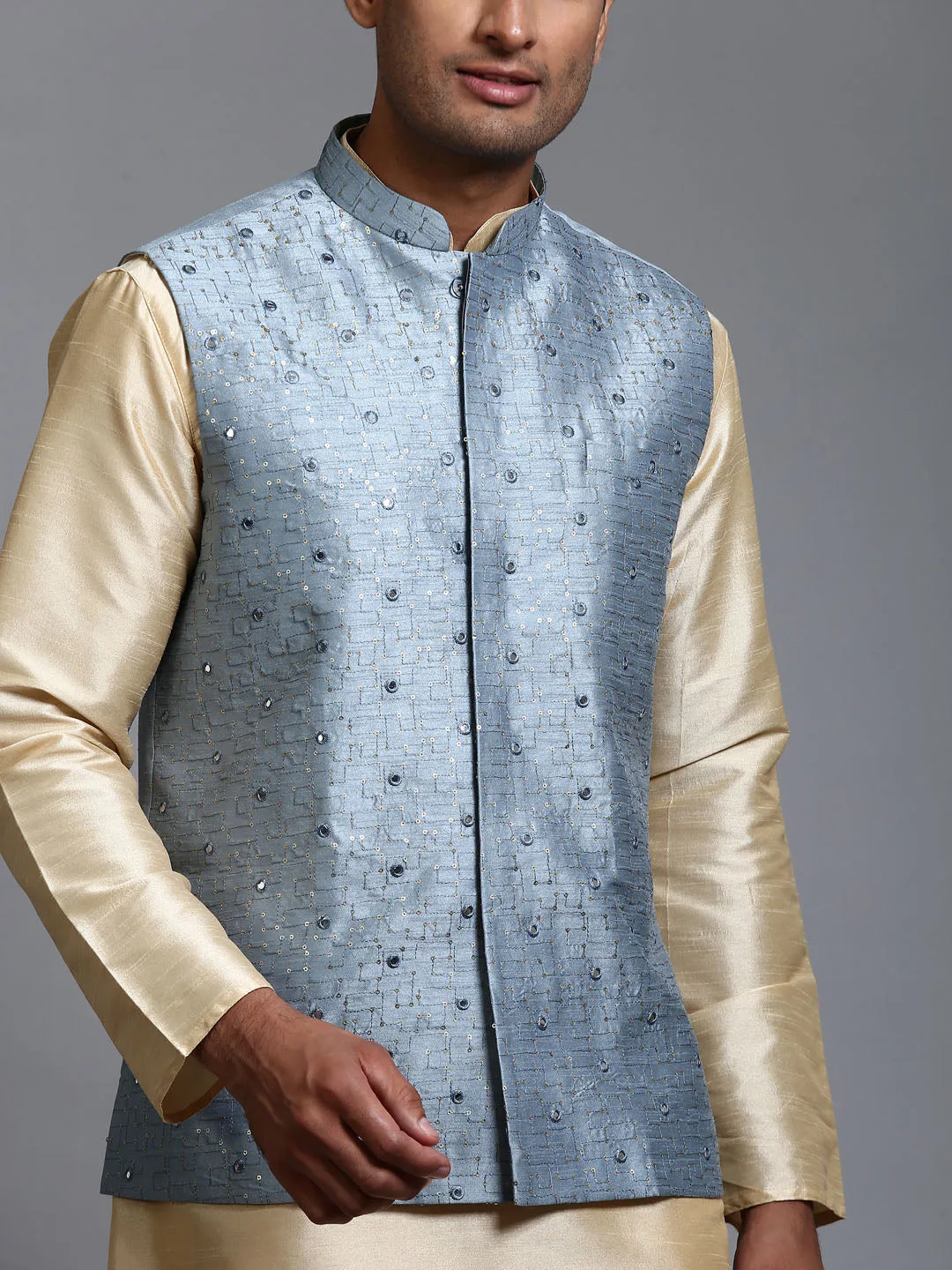 VASTRAMAY Grey Embellished Jacket with Gold Kurta