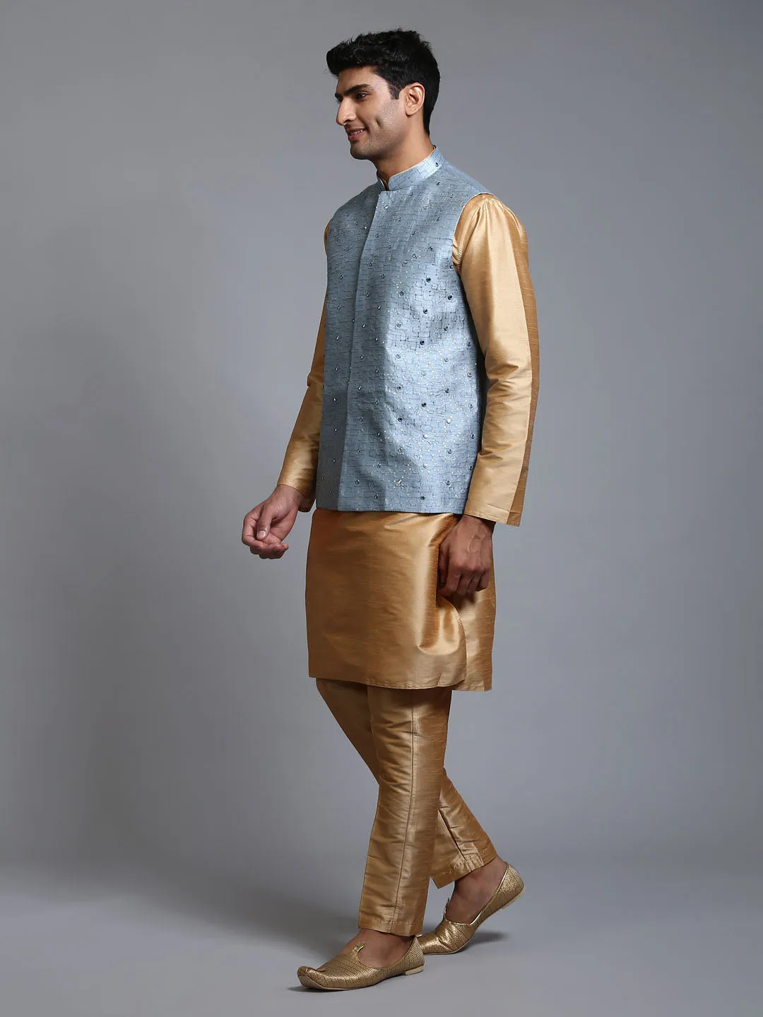 VASTRAMAY Grey Embellished Jacket with Kurta Set