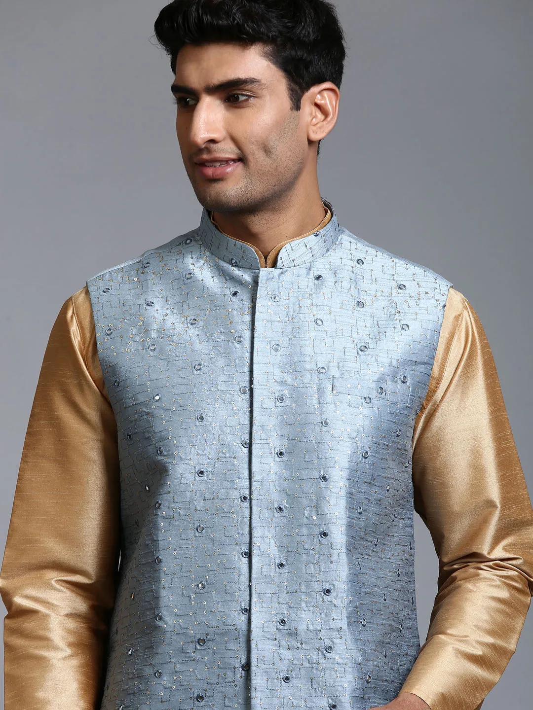 VASTRAMAY Grey Embellished Jacket with Kurta Set