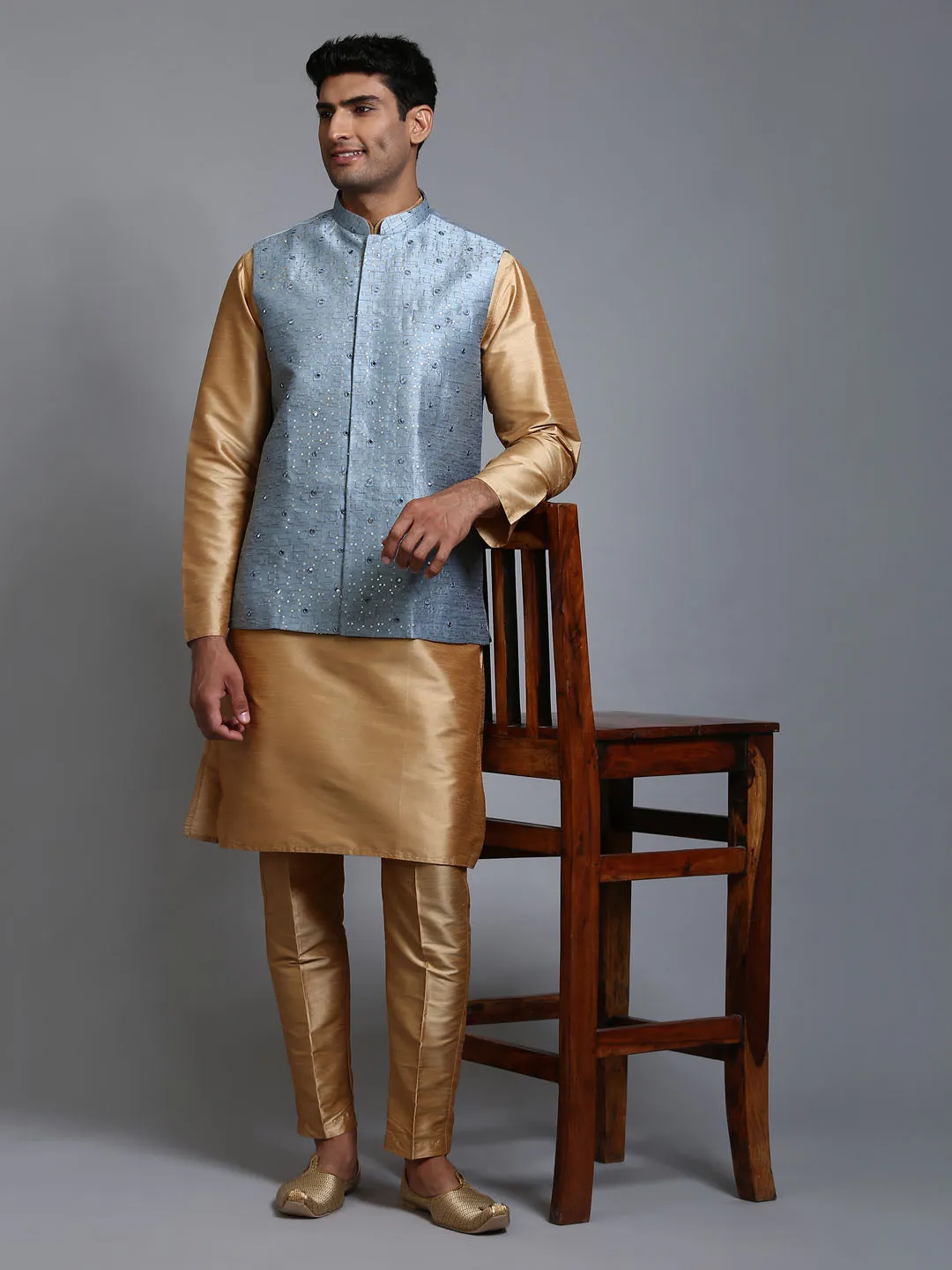 VASTRAMAY Grey Embellished Jacket with Kurta Set