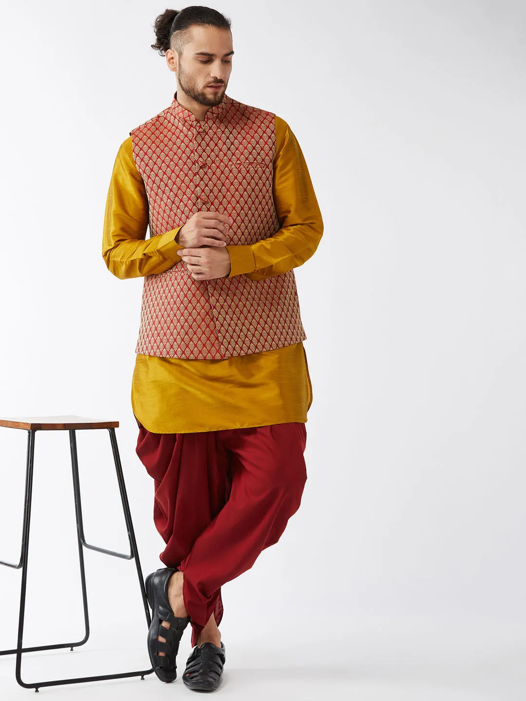 VASTRAMAY Maroon Banarasi Jacket & Kurta Set