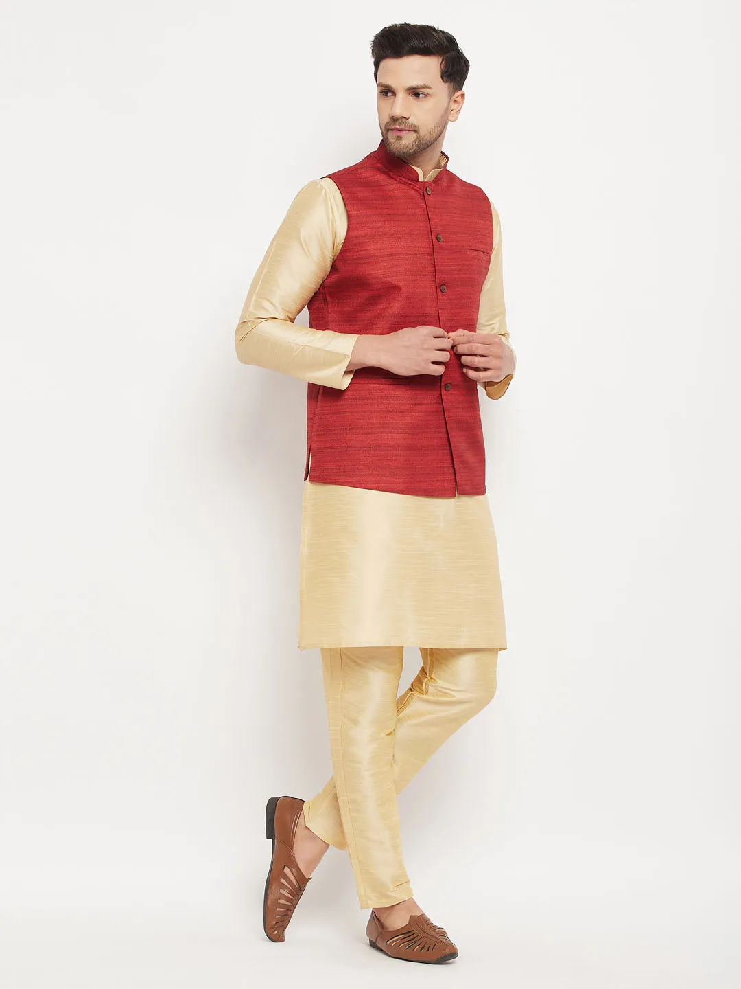 VASTRAMAY Maroon Silk Nehru Jacket Set