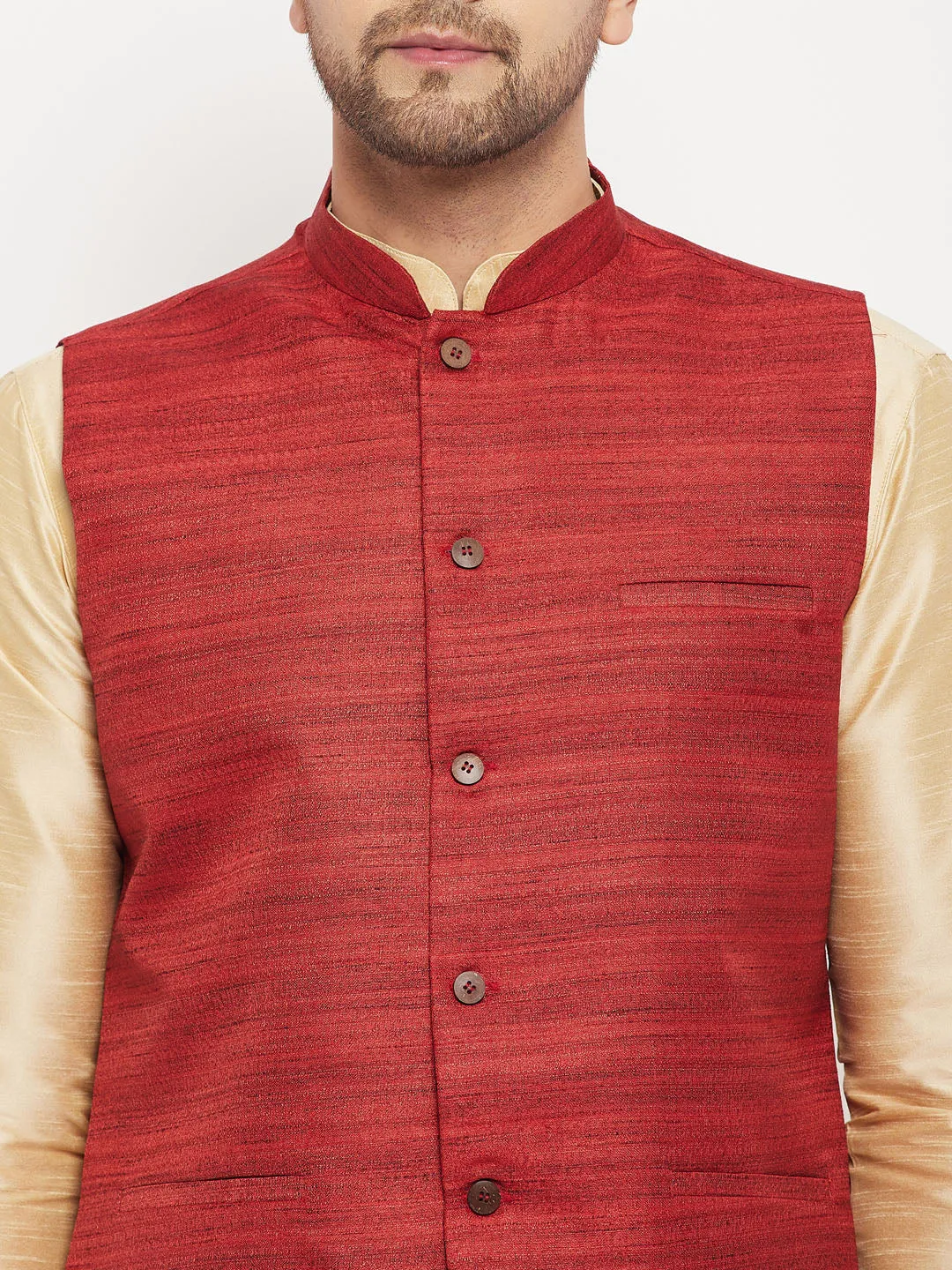 VASTRAMAY Maroon Silk Nehru Jacket Set