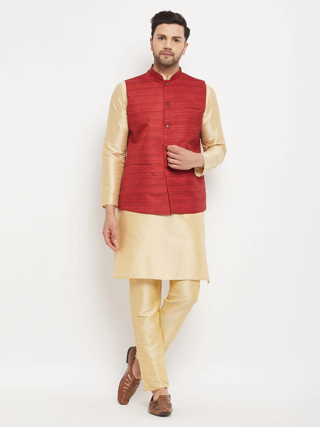 VASTRAMAY Maroon Silk Nehru Jacket Set