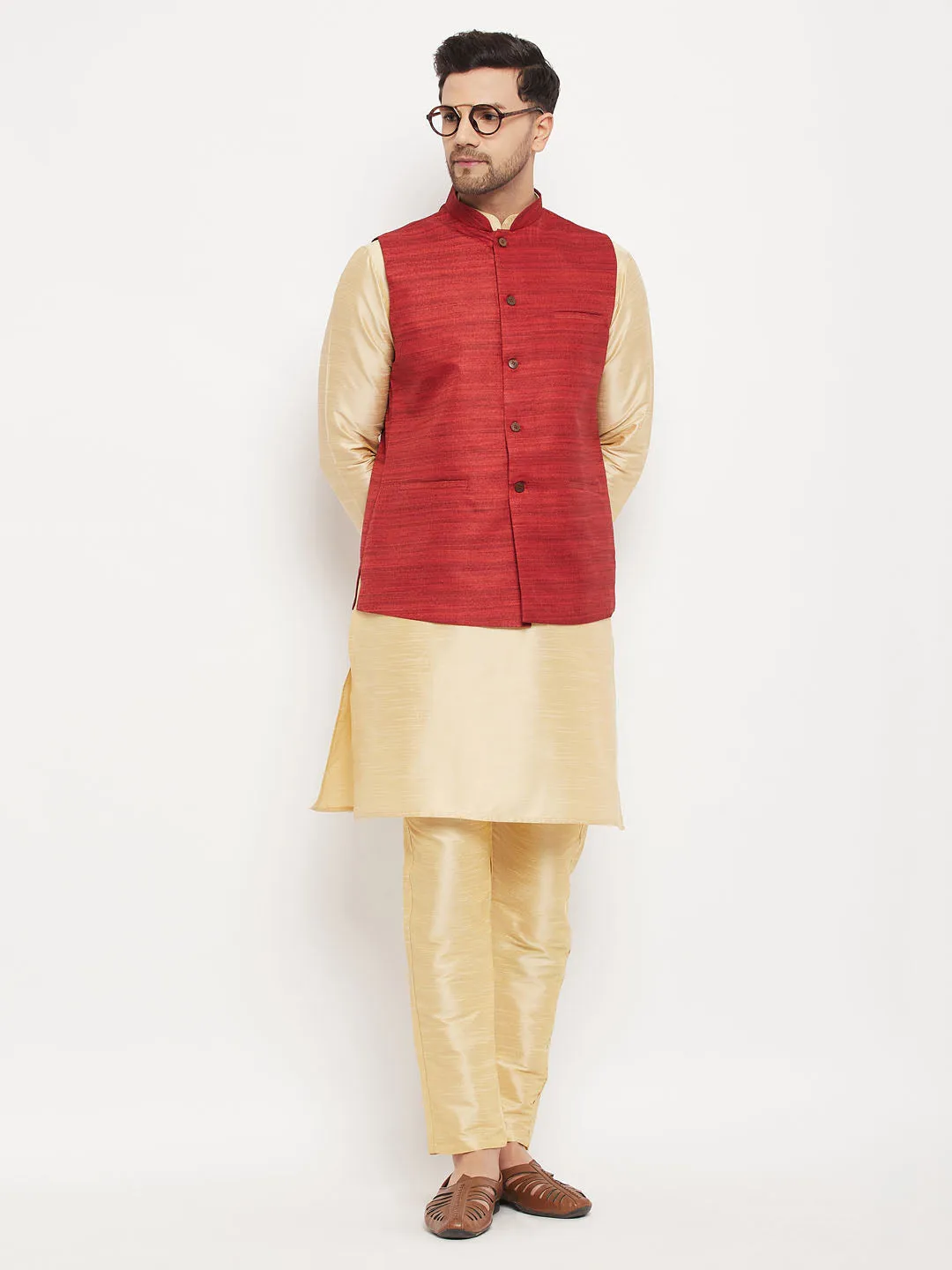 VASTRAMAY Maroon Silk Nehru Jacket Set