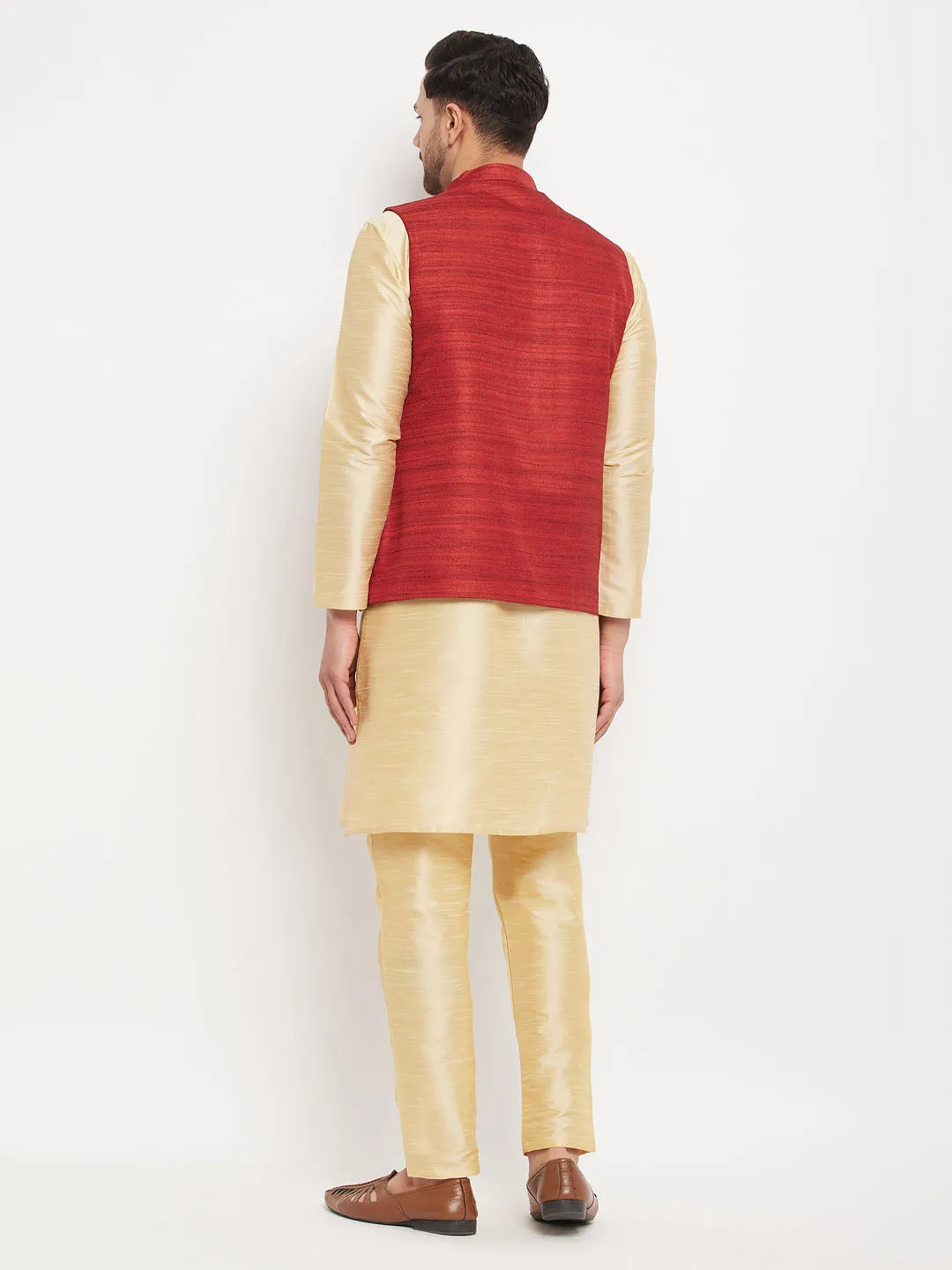 VASTRAMAY Maroon Silk Nehru Jacket Set