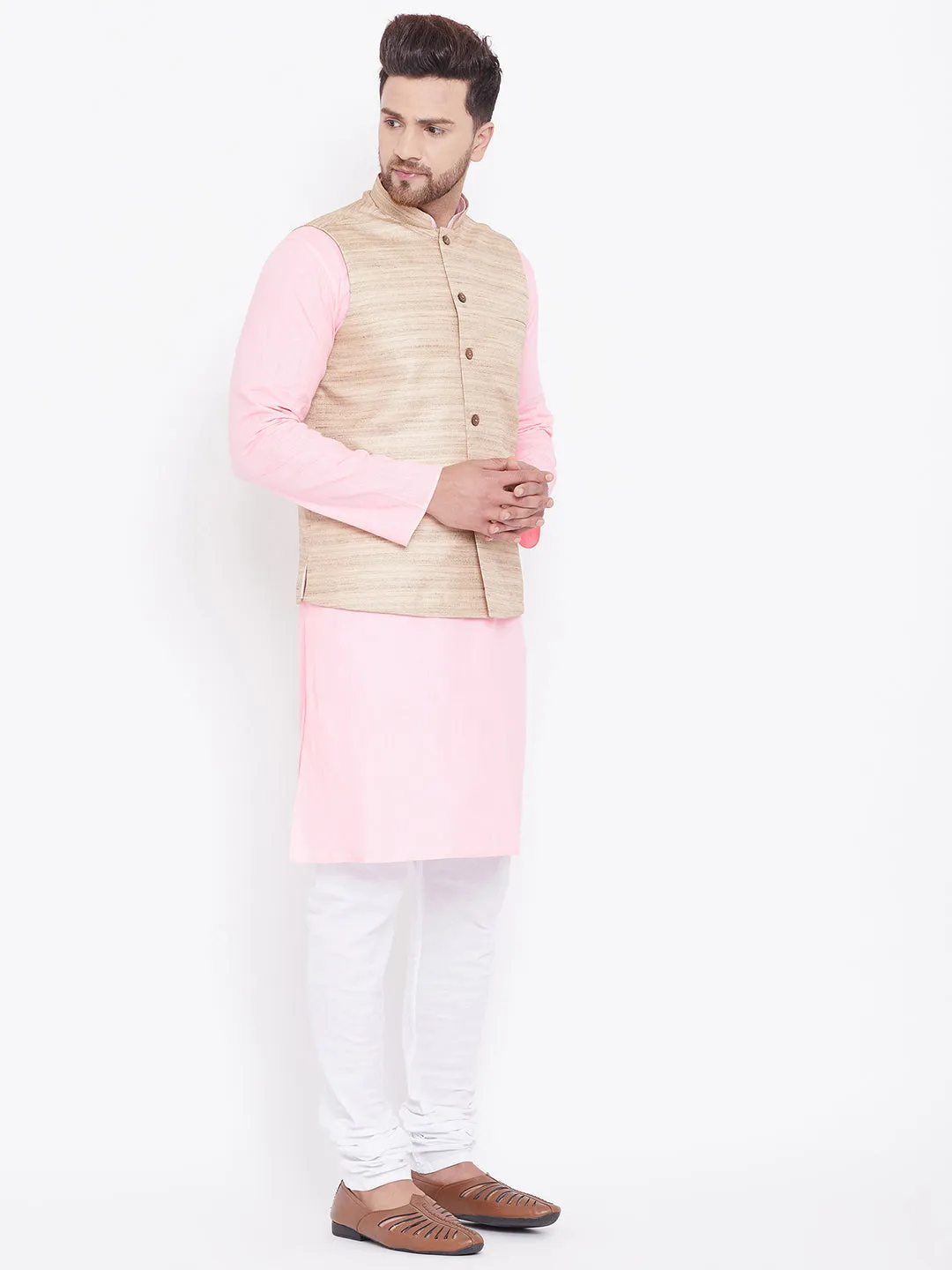 VASTRAMAY Men's Beige Pink Cotton Blend Set