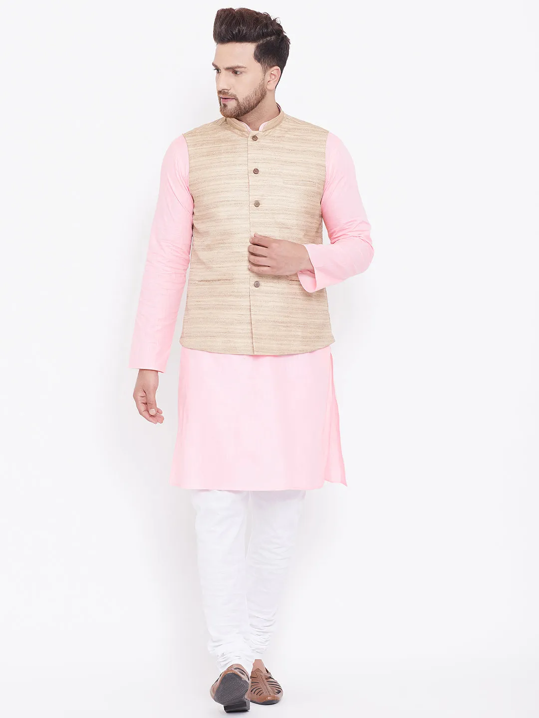 VASTRAMAY Men's Beige Pink Cotton Blend Set