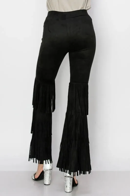 Vocal Layer Fringe Faux Suede Legging Pants - Black