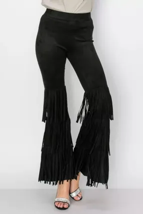 Vocal Layer Fringe Faux Suede Legging Pants - Black