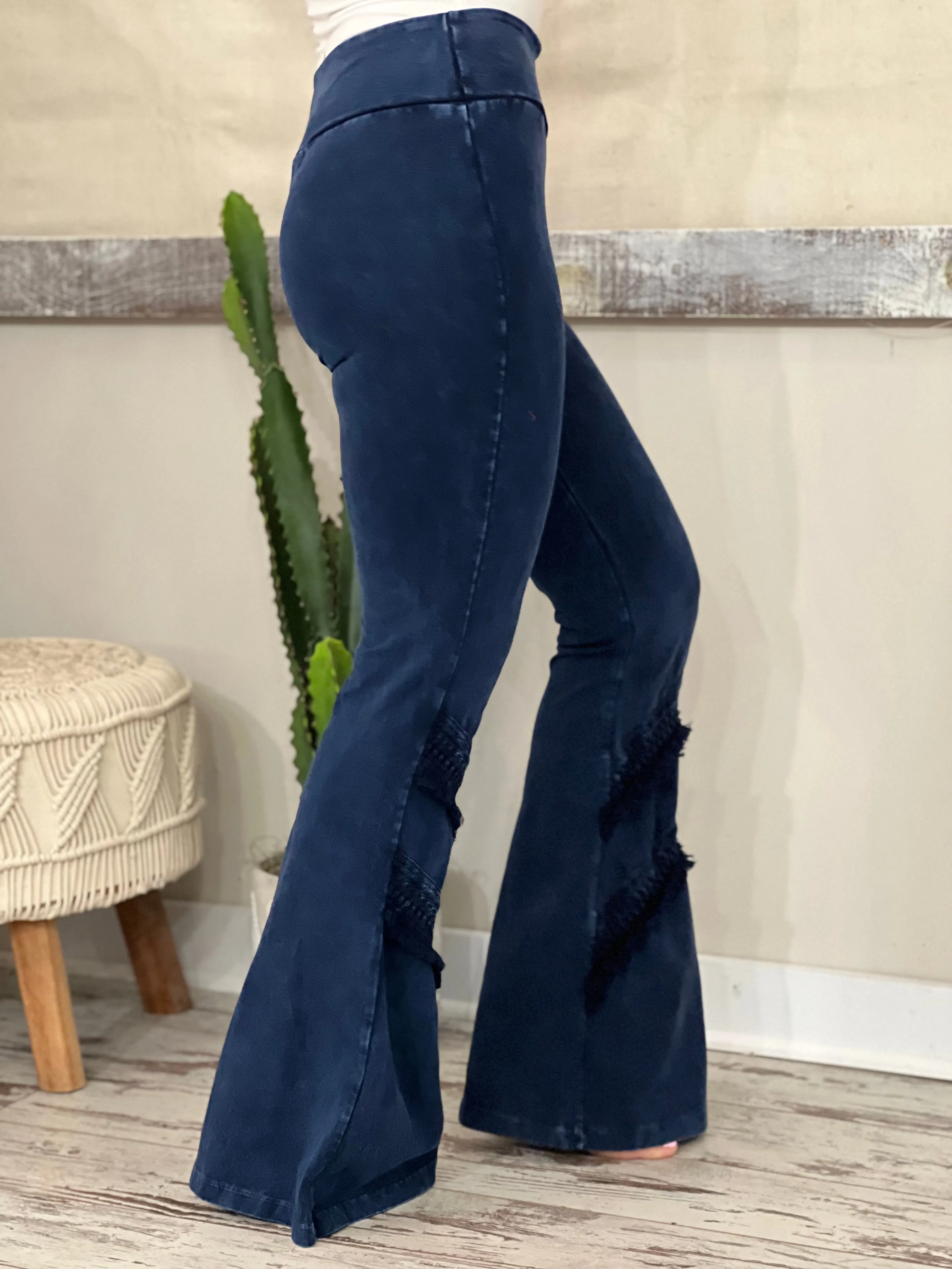 Washed Bell Bottom Flare with Fringe in Dark Blue