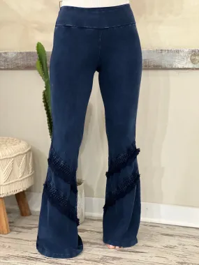 Washed Bell Bottom Flare with Fringe in Dark Blue