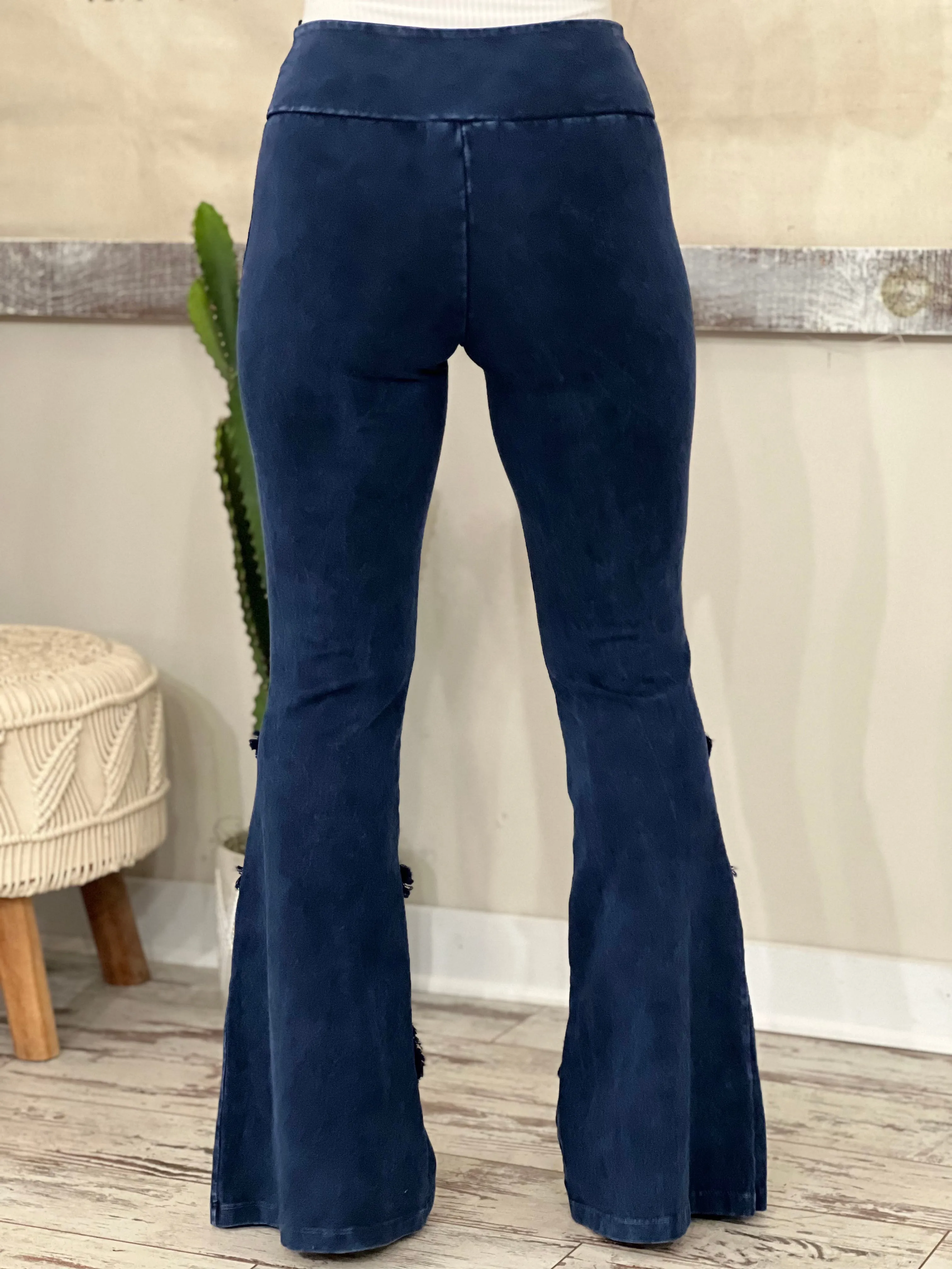 Washed Bell Bottom Flare with Fringe in Dark Blue