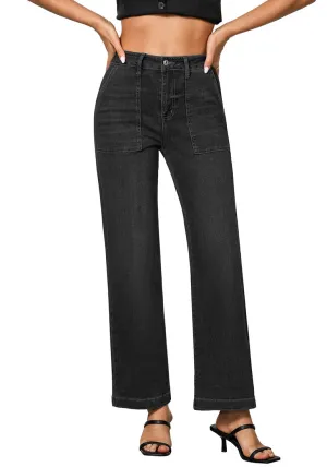 Washed Black Women's Casual Full Length High Waist Relaxed Fit Wide Leg Slight Stretch Jeans with Pocket