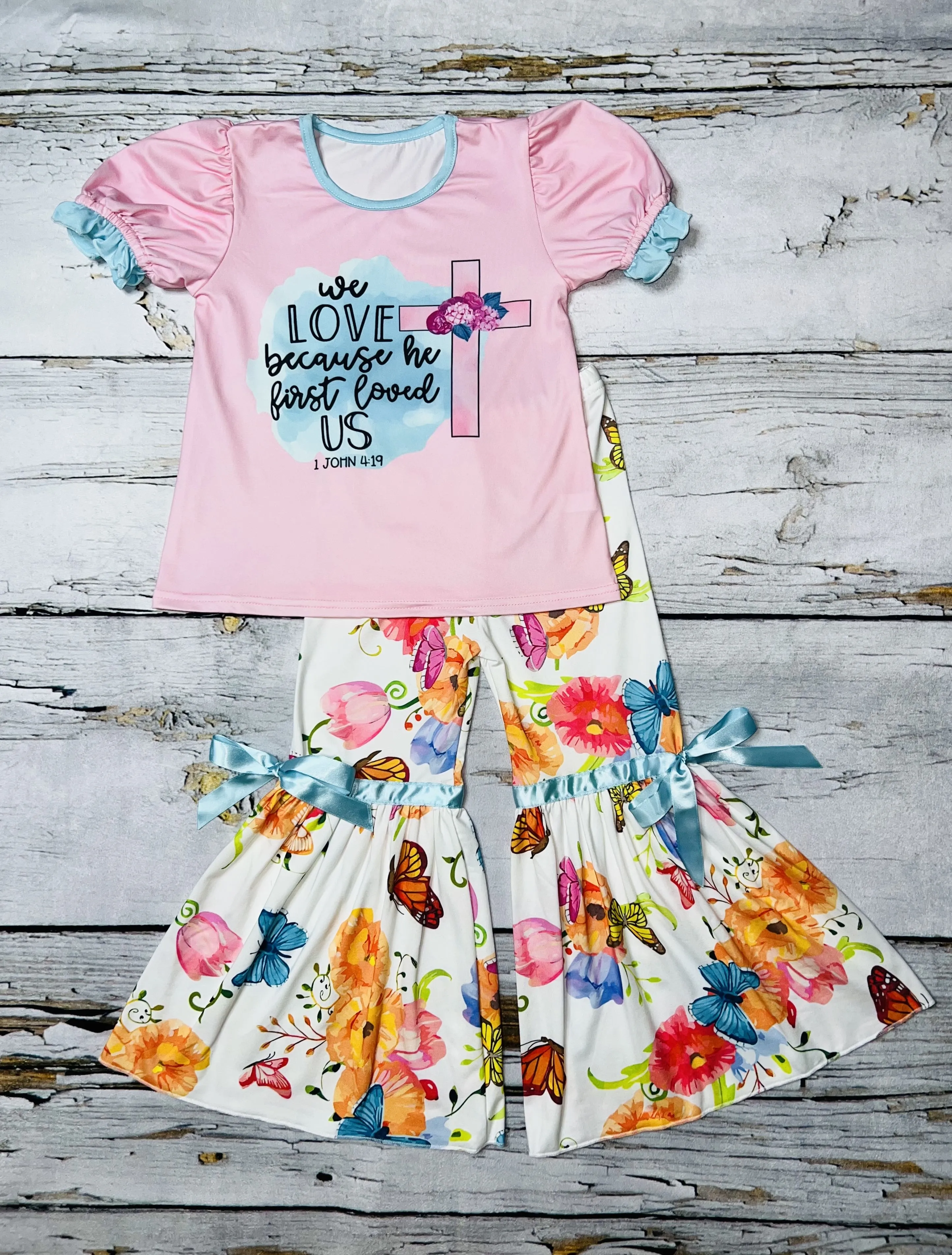 WE LOVE BECAUSE HE FIRST LOVED US Floral butter fly printed two piece girls outfirs set