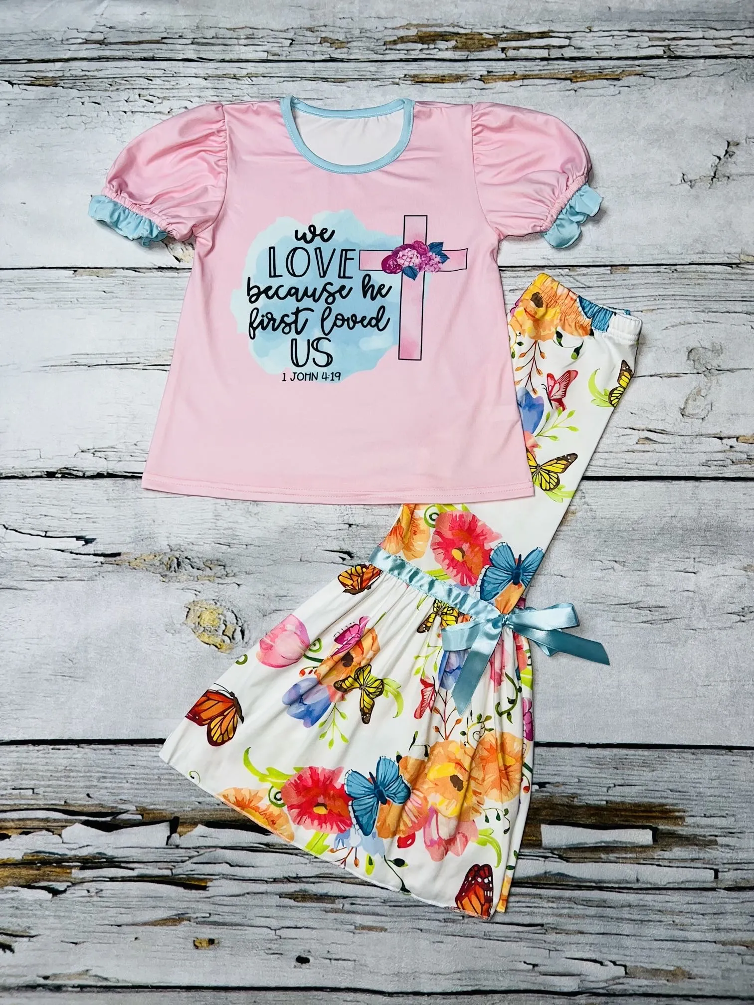 WE LOVE BECAUSE HE FIRST LOVED US Floral butter fly printed two piece girls outfirs set