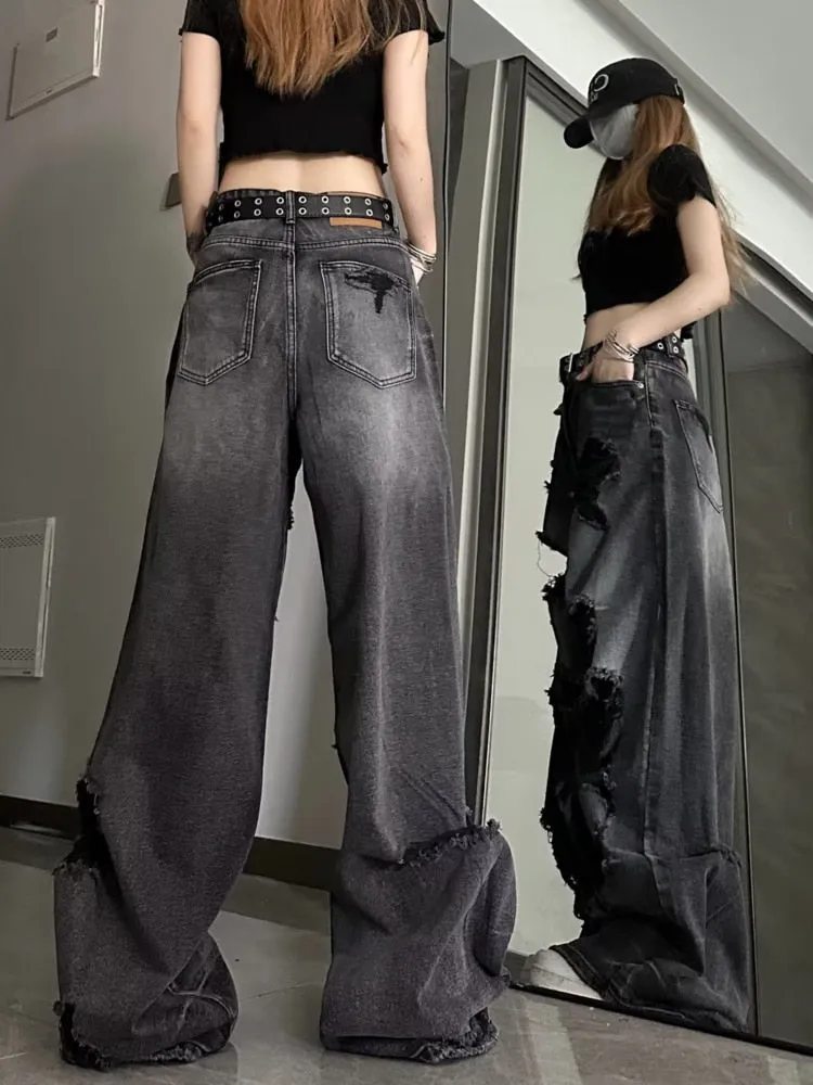 Wenkouban Niche Design Jeans, High Street Heavy Industry Wide Leg Pants, High-end Floor Length Pants, Trendy Brand Women's Jeans