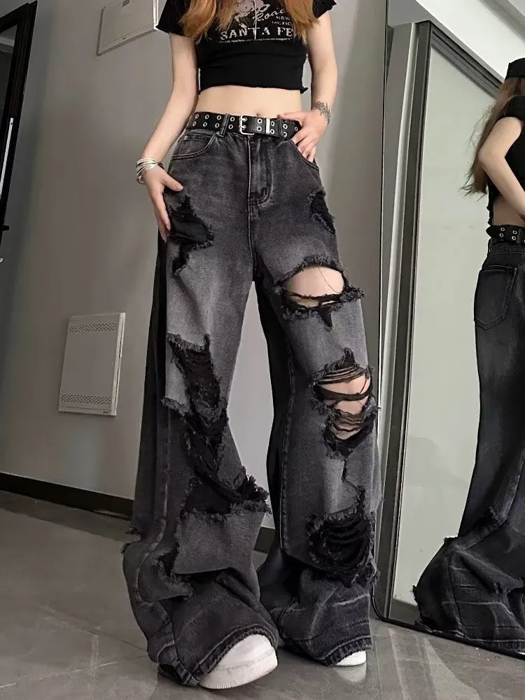 Wenkouban Niche Design Jeans, High Street Heavy Industry Wide Leg Pants, High-end Floor Length Pants, Trendy Brand Women's Jeans