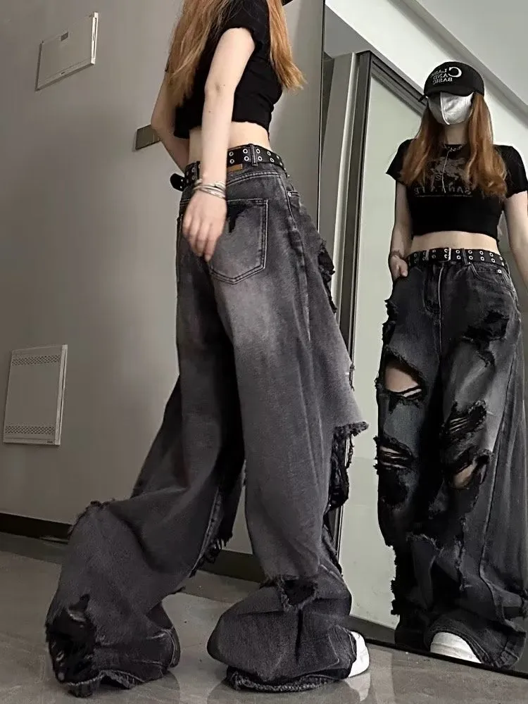 Wenkouban Niche Design Jeans, High Street Heavy Industry Wide Leg Pants, High-end Floor Length Pants, Trendy Brand Women's Jeans