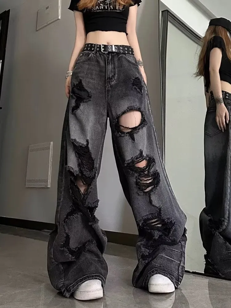 Wenkouban Niche Design Jeans, High Street Heavy Industry Wide Leg Pants, High-end Floor Length Pants, Trendy Brand Women's Jeans