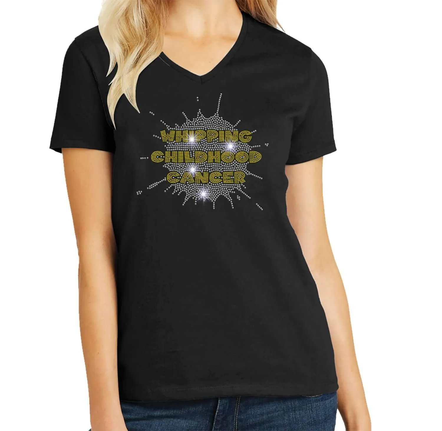 Whipping Childhood Cancer Spangle Holographic Sparkle Spangle Bling Bling- Womens Short Sleeve V-Neck Shirt