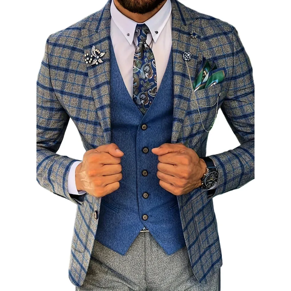 Wiaofellas  -  Men's Plus Size Blazer Autumn/Winter Casual Daily Casual Plaid Notch Lapel Sax Slim-Fit Blazer Suit Jacket for Business Clothing