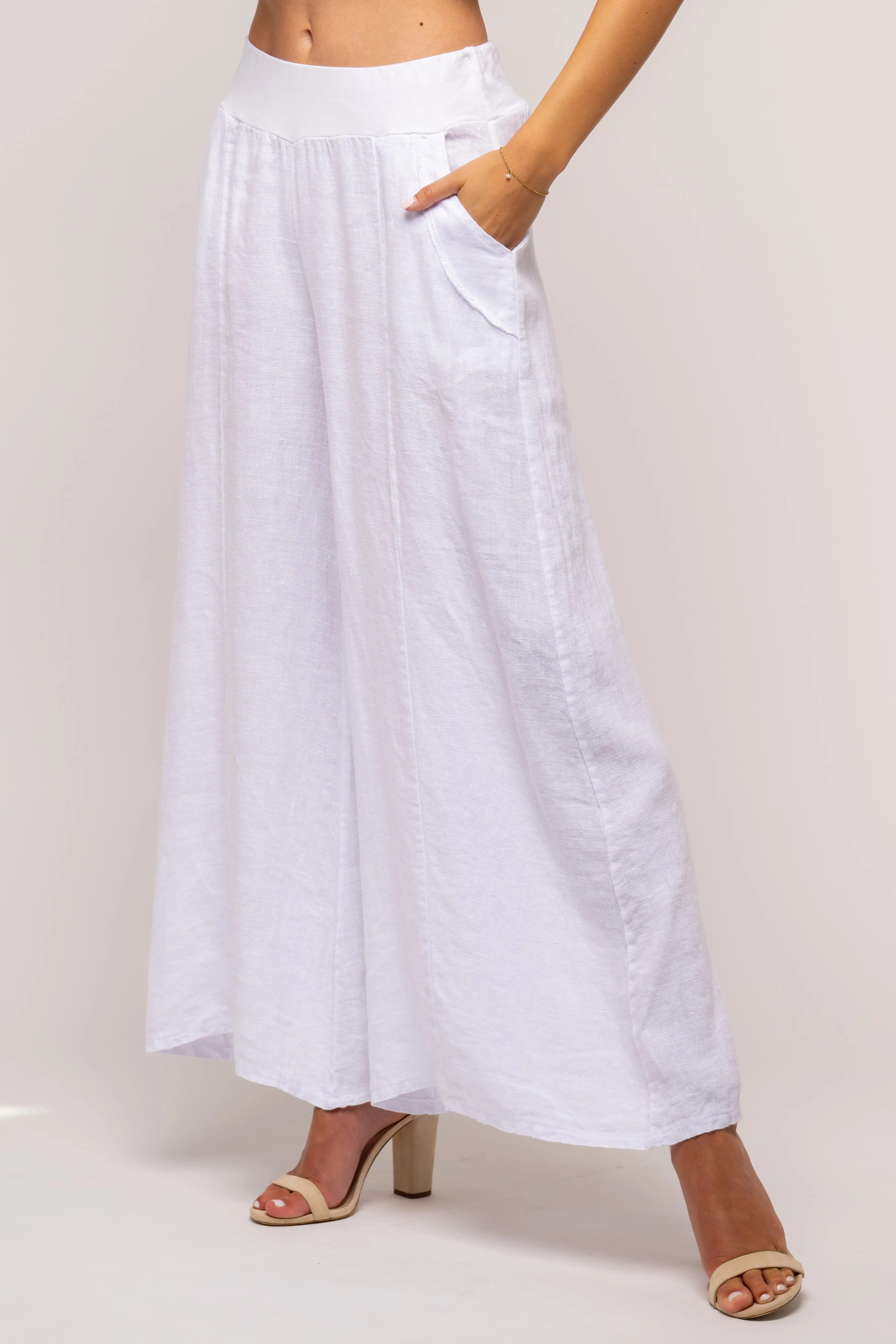 WIDE LEG WHITE LINEN PULL ON PANT