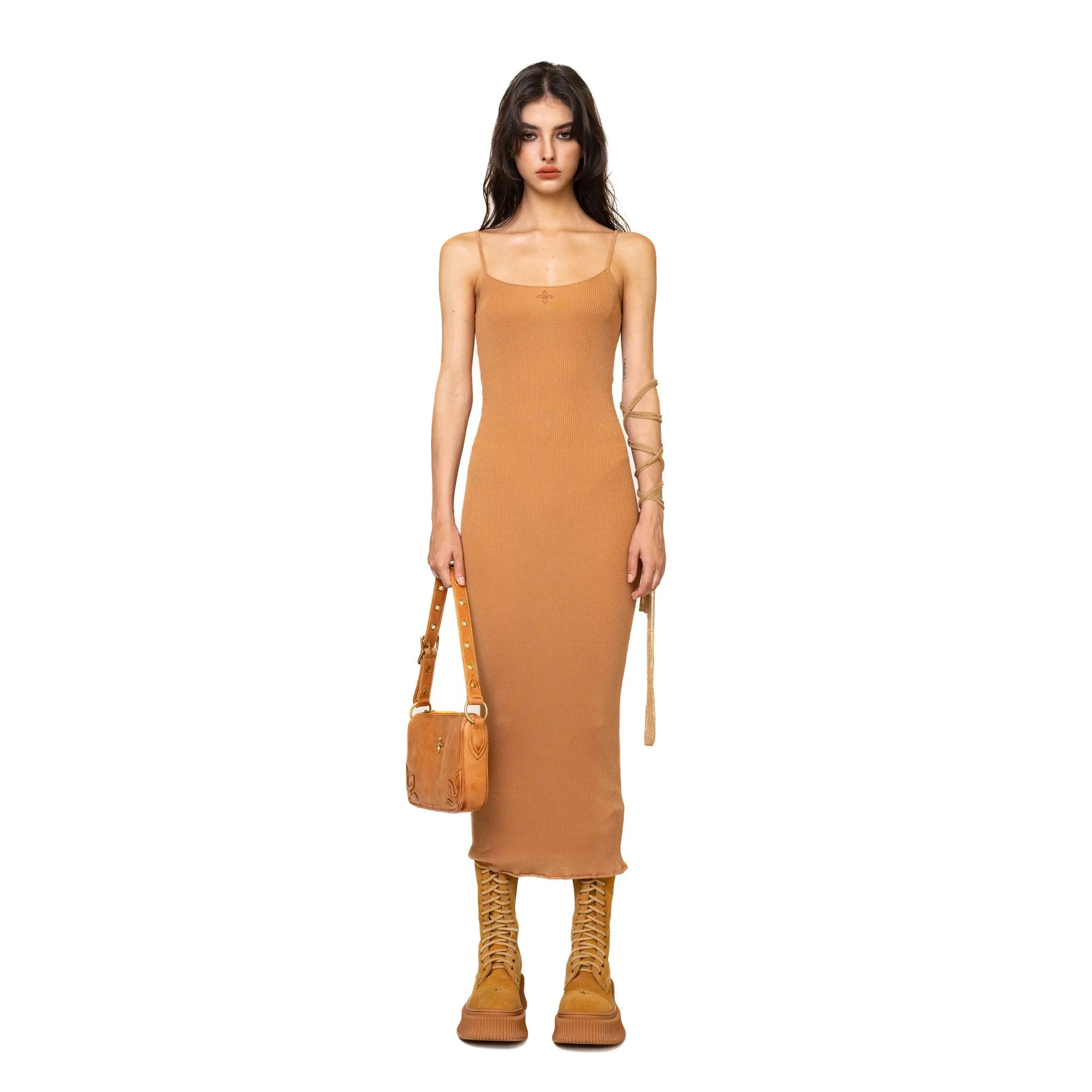 WildWorld Mermaid Knitted Silk Brace Dress In Khaki