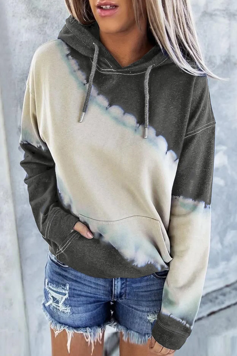 Wine Hooded Tie Dye Print Pocket Casual Sweatshirt