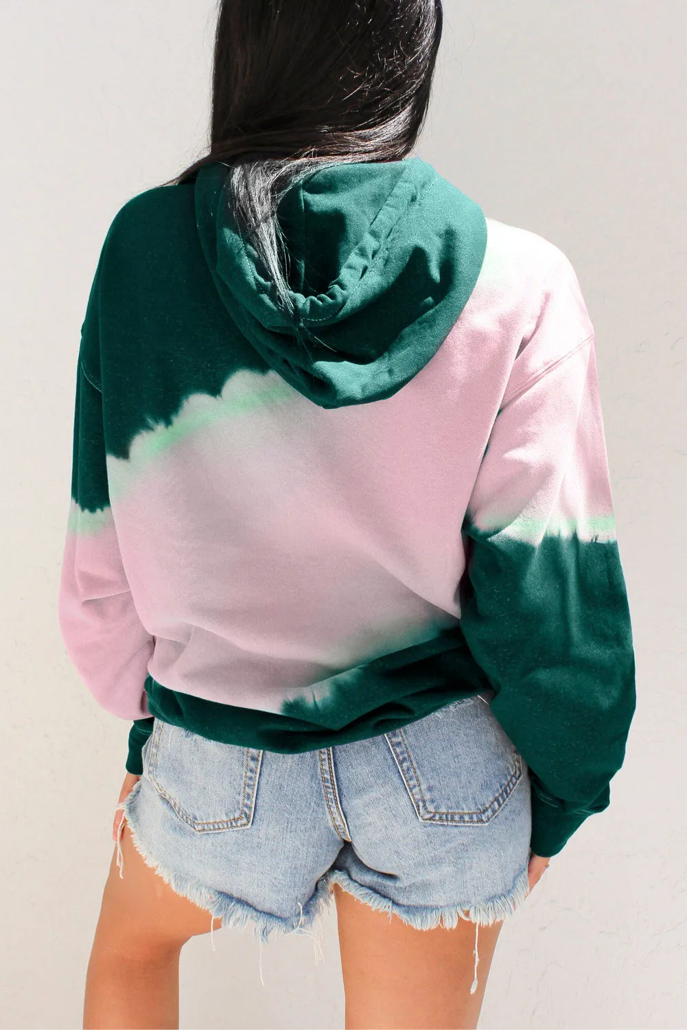 Wine Hooded Tie Dye Print Pocket Casual Sweatshirt