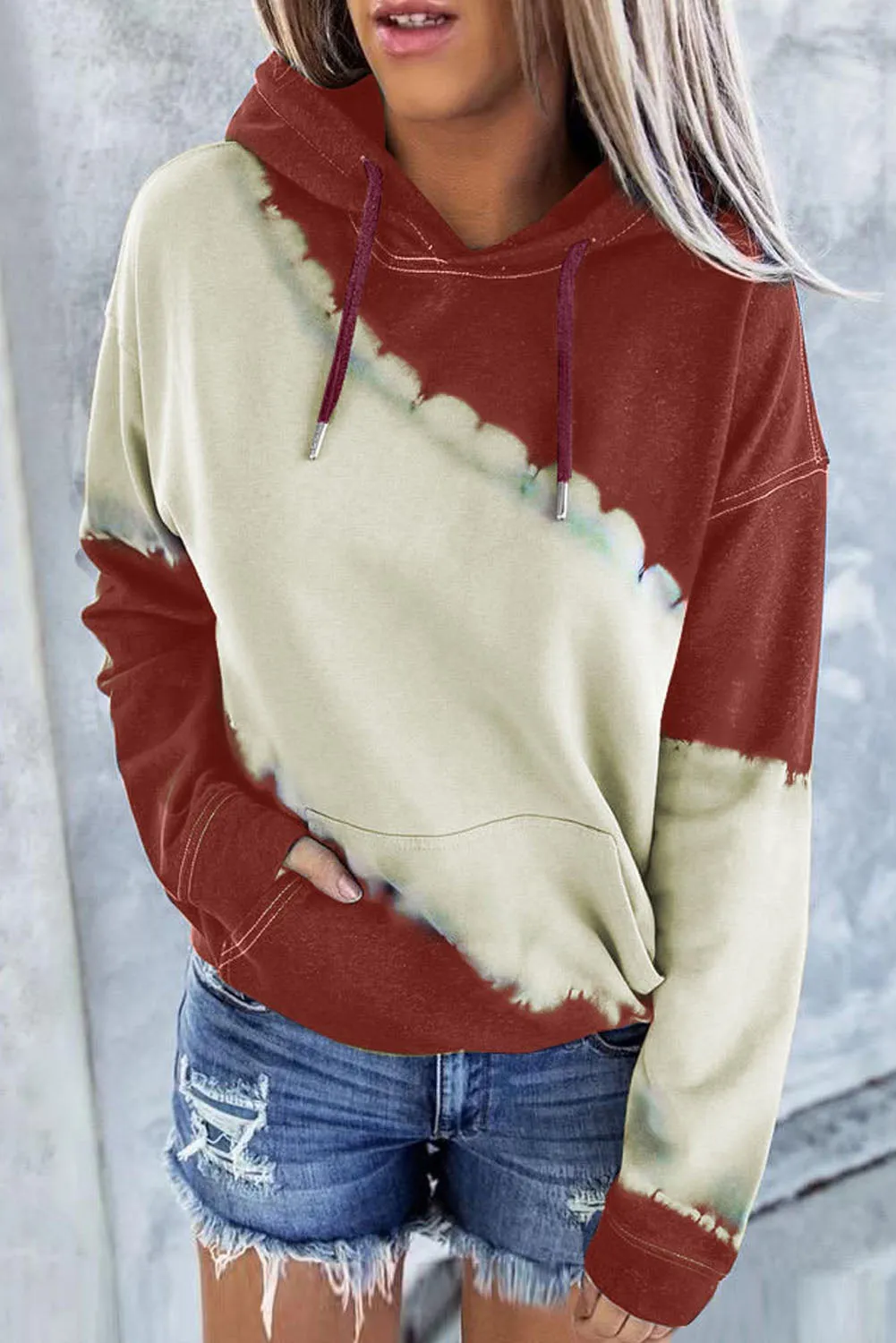 Wine Hooded Tie Dye Print Pocket Casual Sweatshirt