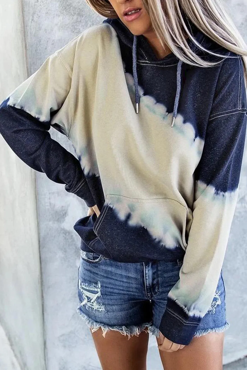 Wine Hooded Tie Dye Print Pocket Casual Sweatshirt